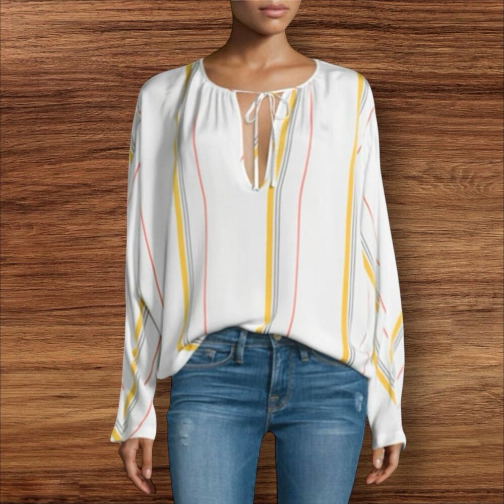 Frame Saffron Summer Stripe Top Blouse Size M Silk Blend‎ Tie Neck Minimalist